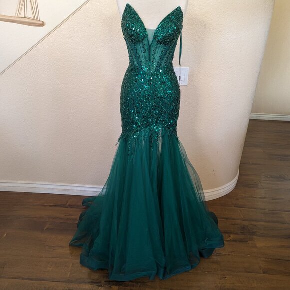 Emerald Green Sequin Strapless Corset Side Slit Prom Formal Dress 2